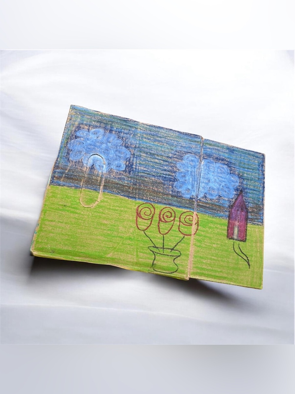 Handmade Child's Crayon Landscape Art - Blue and Green